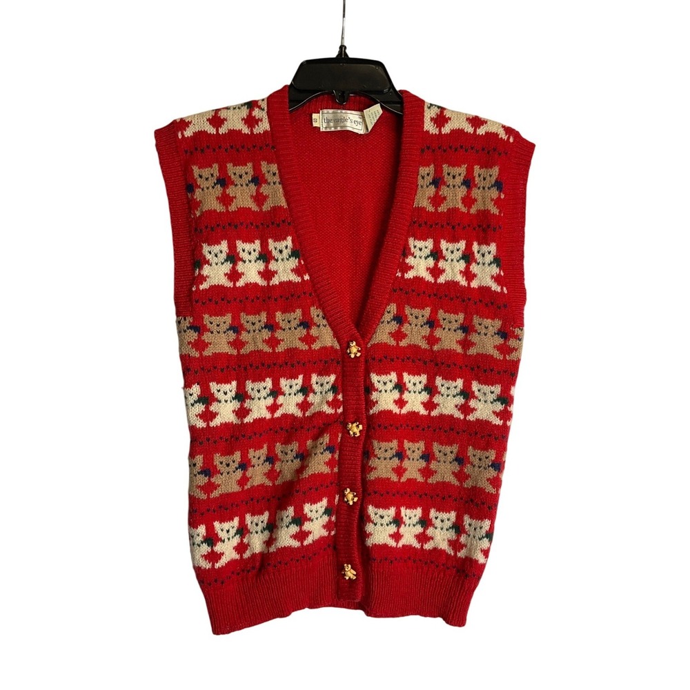 Vintage 1980s The Eagle's Eye Knit Sweater Vest All-Over Teddy Bear 100% Wool S
